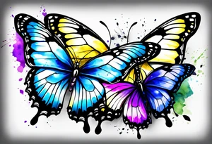 Three butterflies, two colorfull, one bw. Aquarelle tattoo. Colours blue, violet, green, yellow. tattoo idea