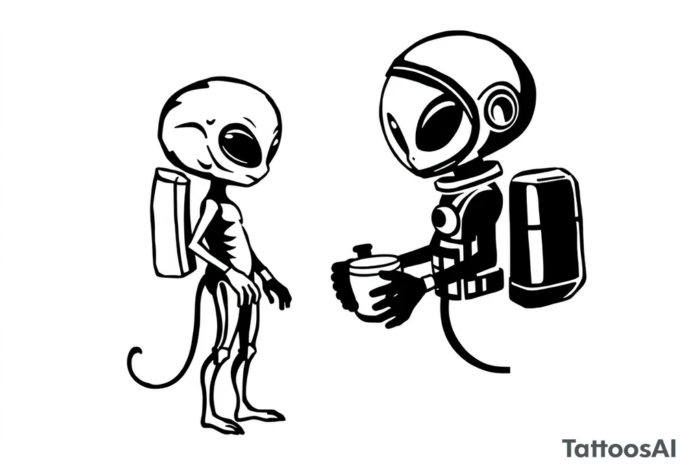 A silhouette stencil style drawing of a cute alien and astronaut tattoo idea