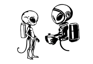 A silhouette stencil style drawing of a cute alien and astronaut tattoo idea
