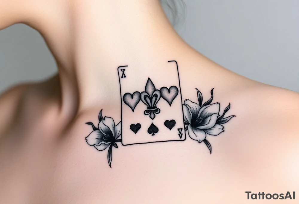 6 of hearts card with fleur de lis as the hearts and magnolias in the background tattoo idea