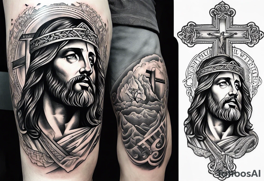 jesus side leg tattoo with a cross and bible verse tattoo idea