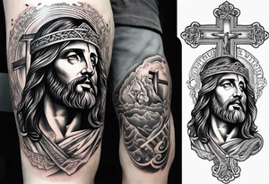jesus side leg tattoo with a cross and bible verse tattoo idea