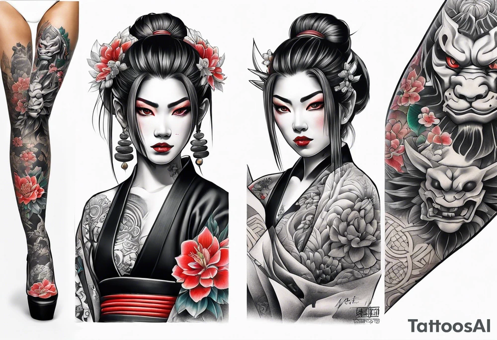 leg tattoo, full leg, oni, girl, oni girl, samurai tattoo idea