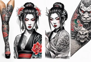 leg tattoo, full leg, oni, girl, oni girl, samurai tattoo idea