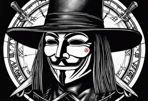 Centered v for vendetta, mask only. No hat.   Vintage compass surround. Crossed fencing swords. Pop art tattoo idea