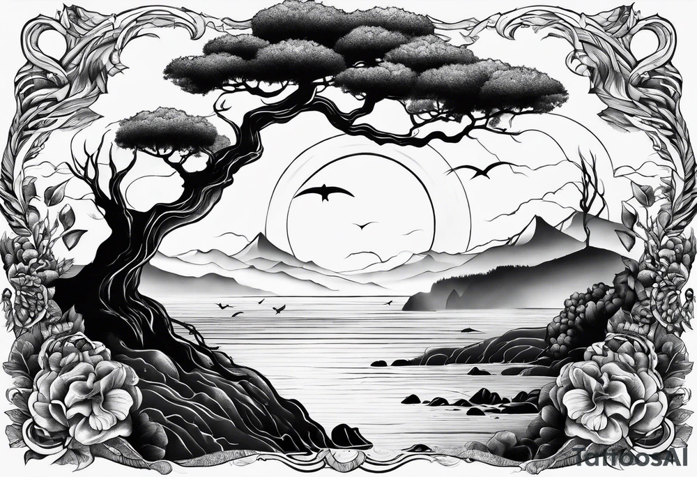 Ocean scene with a defender of man warrior and a tree tattoo idea