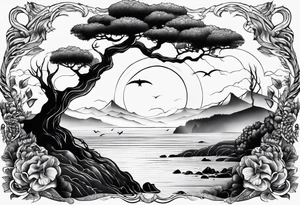 Ocean scene with a defender of man warrior and a tree tattoo idea