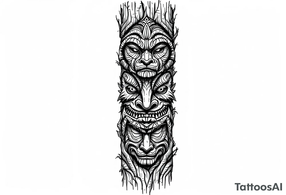 A black and brown totem pole with stacked animal faces carved into bark-like texture. tattoo idea