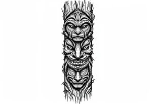 A black and brown totem pole with stacked animal faces carved into bark-like texture. tattoo idea