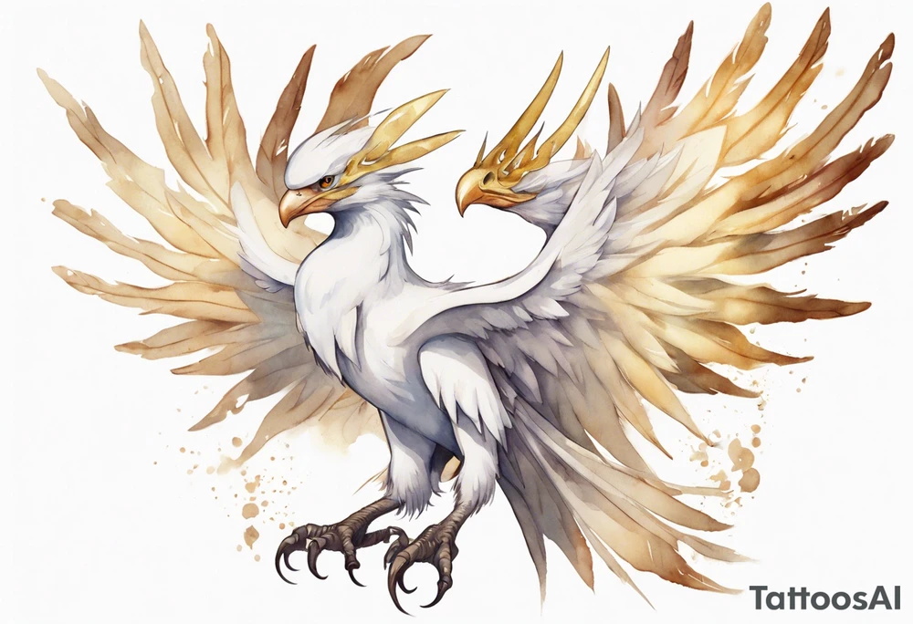 a watercolor of a white bird-wyvern hybrid wearing a plain crown, with light gold wing feathers tattoo idea