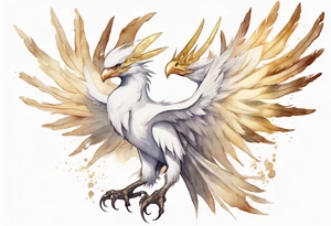 a watercolor of a white bird-wyvern hybrid wearing a plain crown, with light gold wing feathers tattoo idea