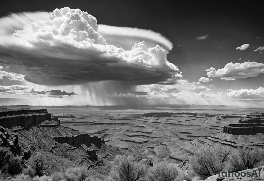 renaissance style Colorado plateau and valley with supercell cloud that captures vast aesthetic tattoo idea