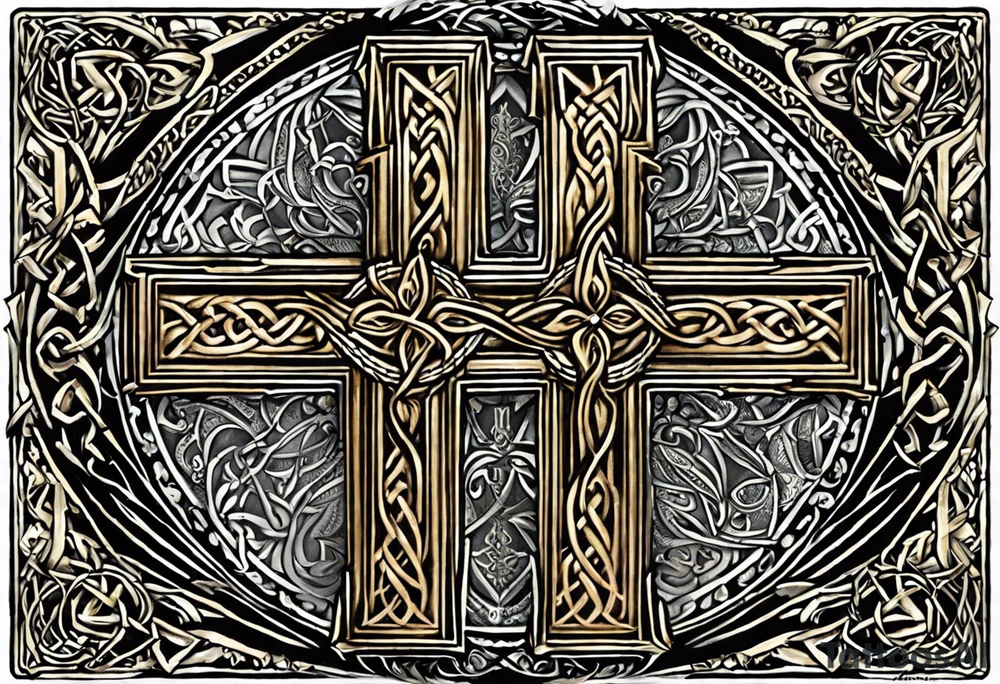 The tattoo features a Christian cross with a sharp lower end firmly planted into the ground. From the base of the cross, intricate roots extend outwards, symbolizing strength, growth, and deep roots in faith. The cross itself is adorned with intricate details, perhaps featuring Celtic or ornate patterns to add depth and texture.

On either side of the cross, two colossal dragon wings spread outwards, enveloping the cross in a protective embrace. The wings are dynamic and detailed, with scales, veins, and fine feather-like structures to convey the power and majesty of the mythical creature.

At the intersection of the cross, where the vertical and horizontal beams meet, there is a mesmerizing eyeball intricately depicted. The eye is detailed with vibrant colors and realistic shading, representing spiritual insight, watchfulness, and divine presence. tattoo idea