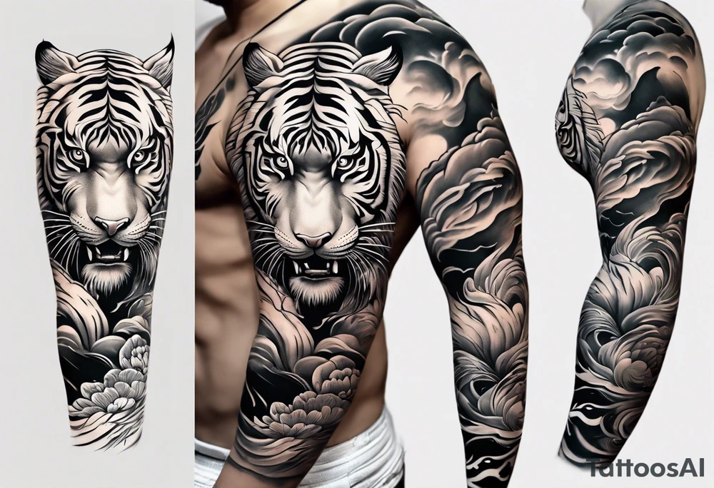 Asian Japanese Chinese style tiger with a full body not just head twisting body for a forearm half sleeve, clouds tattoo idea