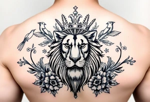 powerful majestic lion with a crown, surrounded by floral ornaments and birds tattoo idea