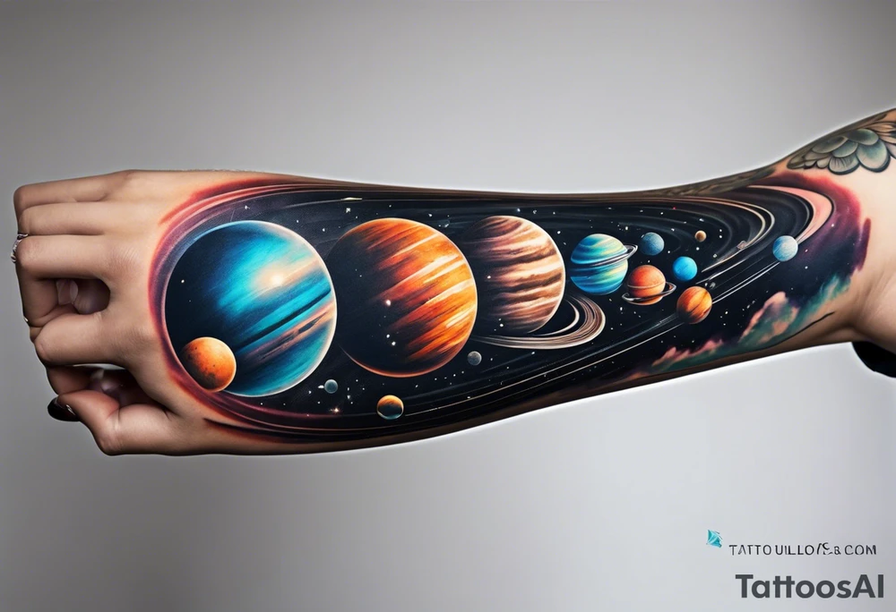 Sleeve tattoo of planets orbiting a supermassive black hole. tattoo idea
