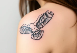 majestic eagle spreading wings against mountain peaks with name Genia in it tattoo idea