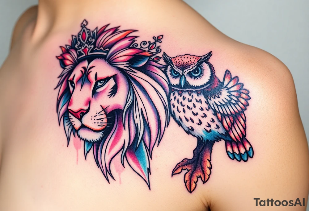powerful majestic female lion with a tiara and male owl tattoo idea