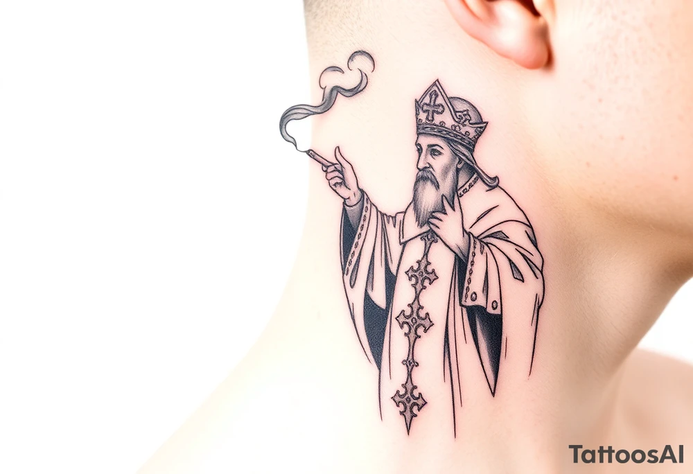 A Russian Orthodox Priest in full gold vestments swinging a censer with smoke curling upward tattoo idea