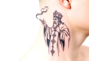 A Russian Orthodox Priest in full gold vestments swinging a censer with smoke curling upward tattoo idea