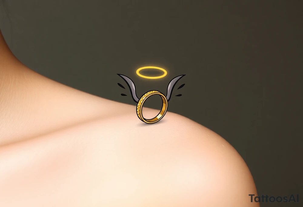A golden wedding band floating within an angelic halo, glowing softly. tattoo idea