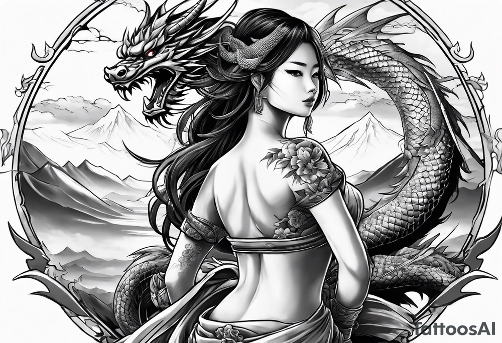 warrior nymph full body with sword and a full dragon with a mountain with cloud and Japanese building background tattoo idea