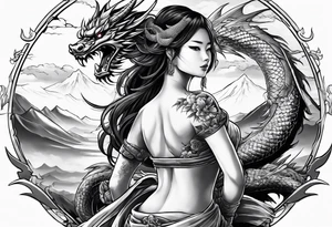 warrior nymph full body with sword and a full dragon with a mountain with cloud and Japanese building background tattoo idea