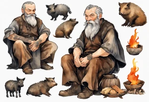 a 55-year-old medieval Bavarian man with a grey beard and broad shoulders wearing a brown and black tunic sitting by a fire with his pet boar tattoo idea