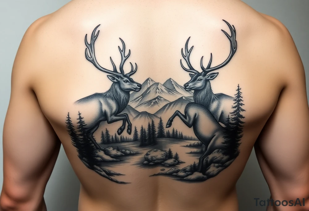FOREARM tattoo Black and grey realism Nature scene with two stags fighting in the foreground include mountains water and trees tattoo idea