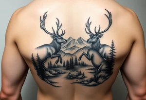 FOREARM tattoo Black and grey realism Nature scene with two stags fighting in the foreground include mountains water and trees tattoo idea
