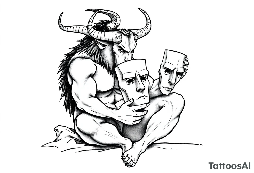 a minotaur holding a mans mask sitting on bed corner looking depressed tattoo idea