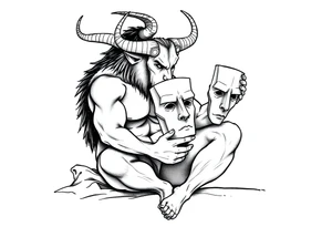 a minotaur holding a mans mask sitting on bed corner looking depressed tattoo idea