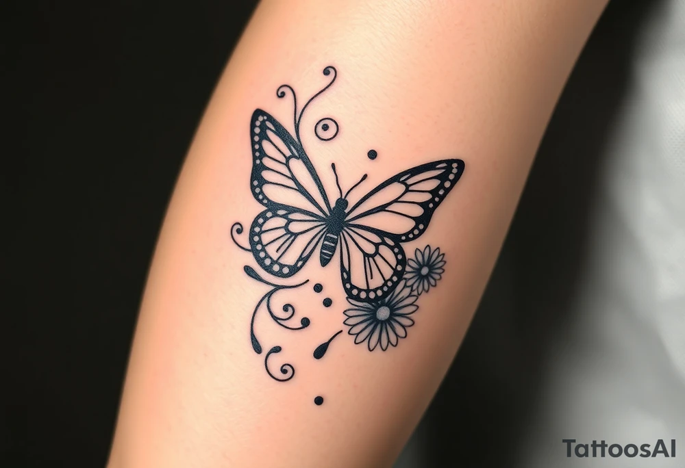 swirl pattern with butterfly and daisy leg tattoo design drawon on leg. i want to sell this in zepeto i want it too be shown on thigh to ankle and be asymmetrical please also show the overall image of total leg too 

ㅁ tattoo idea