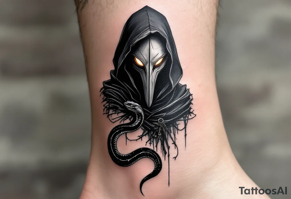 Plague Doctor with a Snake – A dark-robed doctor witn a silver-gray with tipical plafue mask, with a black viper wrapped around their arm, symbolizing healing and poison. The snake's eyes glow deep amber, adding a mystical touch. tattoo idea