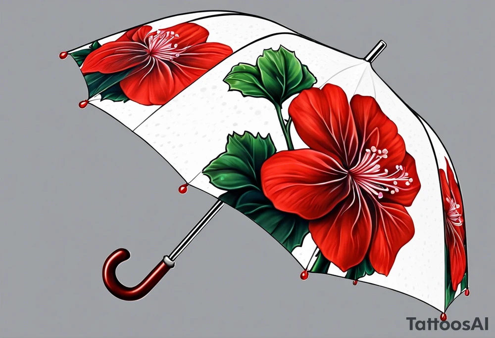 Umbrella with red geraniums with rain drops tattoo idea