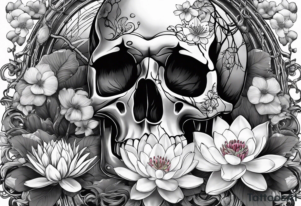 skulls, cherry blossoms, water lily, roller coaster track, chemistry tattoo idea