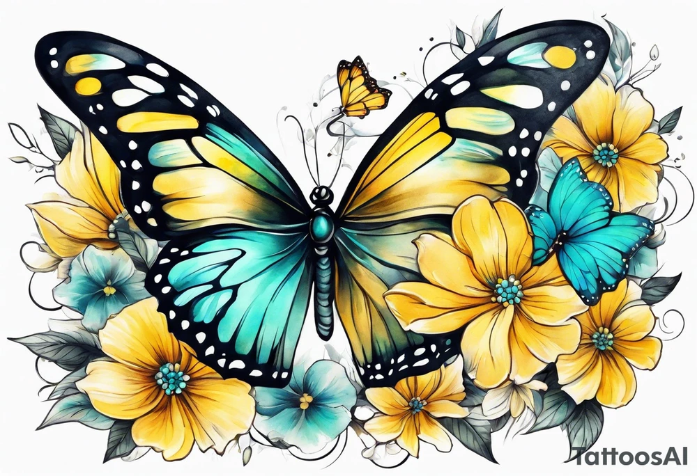Sleeve with yellow and aqua flowers and butterflies tattoo idea