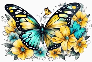 Sleeve with yellow and aqua flowers and butterflies tattoo idea