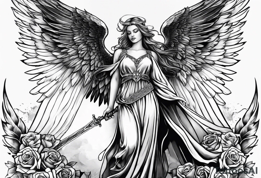 angel with skull head tattoo idea