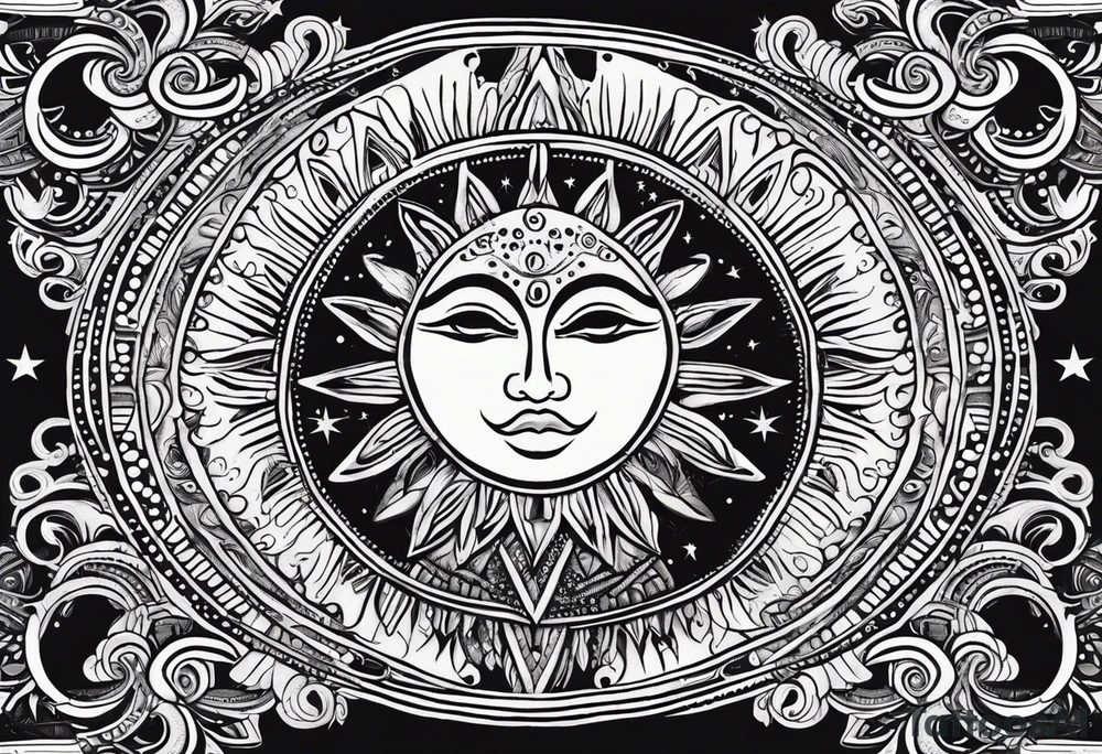 Mexican alien Sun and moon. Freeform rectangular sternum swirls with dots and stars tattoo idea