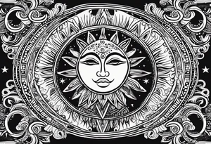 Mexican alien Sun and moon. Freeform rectangular sternum swirls with dots and stars tattoo idea