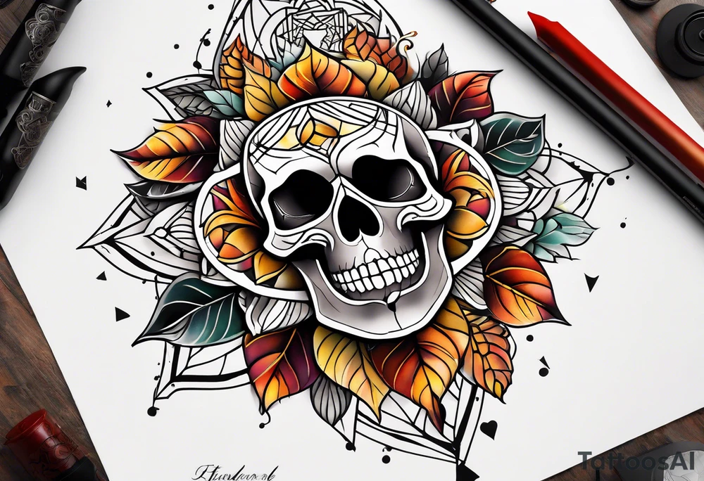 knee tattoo with sacred geometry, skull, swirls & washes in background in fall colors tattoo idea