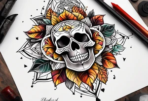 knee tattoo with sacred geometry, skull, swirls & washes in background in fall colors tattoo idea
