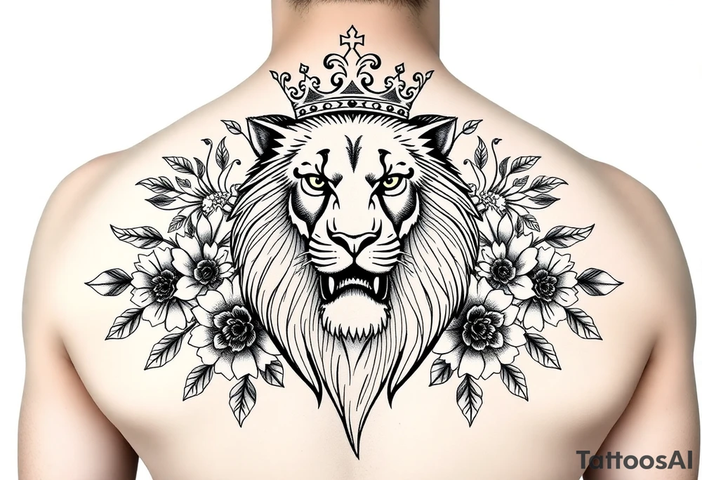 powerful majestic lion with a crown, surrounded by floral ornaments and birds tattoo idea