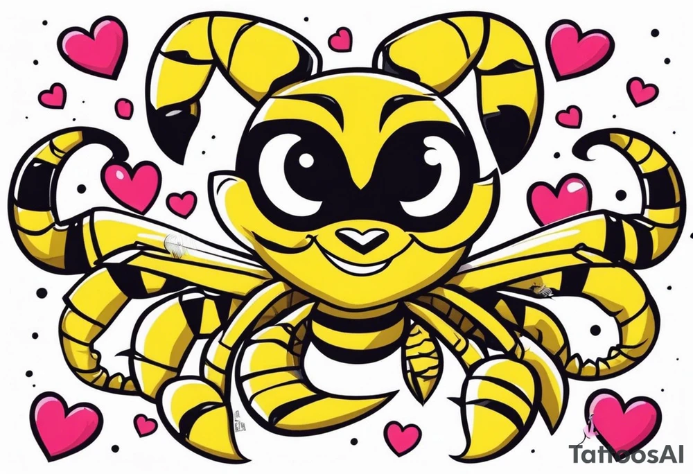 Scorpion drawn in Powerpuff girl style with body segments, head and claws made of hearts tattoo idea