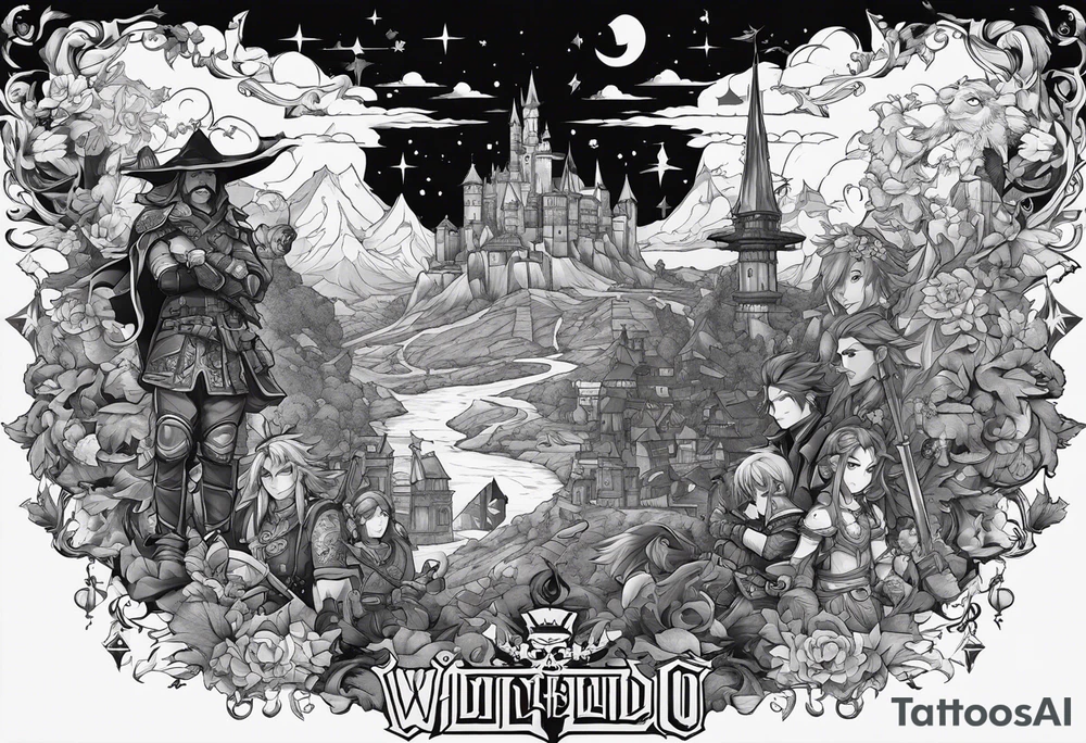 the phrase "why not now?" encased in the flag of Germany and north Carolina surrounded by characters from Zelda, Final Fantasy 8 tattoo idea
