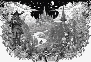 the phrase "why not now?" encased in the flag of Germany and north Carolina surrounded by characters from Zelda, Final Fantasy 8 tattoo idea