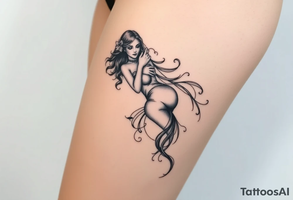 Full thigh tattoo with a sexy fantasy girl tattoo idea