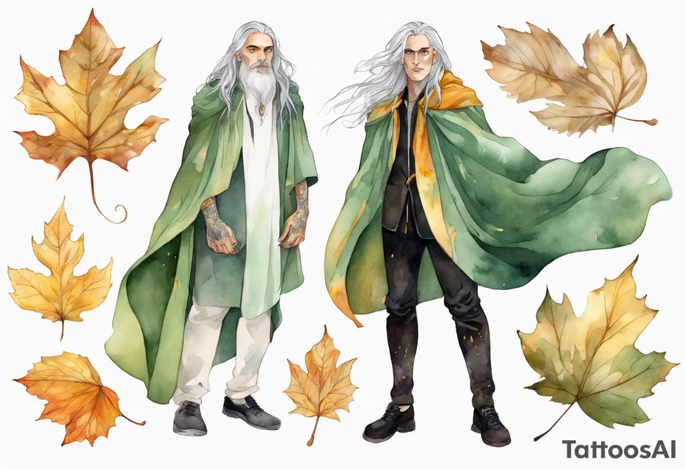 A thin handsome man with pale green skin with long gold and silver hair wearing a gold cloak surrounded by autumn leaves tattoo idea