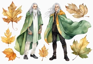 A thin handsome man with pale green skin with long gold and silver hair wearing a gold cloak surrounded by autumn leaves tattoo idea